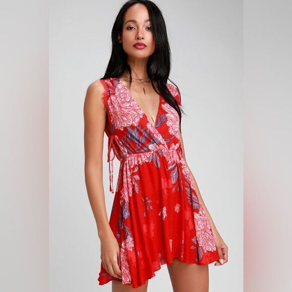 Free People Red Marnie Open Back Tie Sides Fem Flirty Fun Mini Dress - Picture 1 of 10